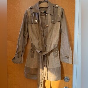 Women's Vintage Leather Suede Brown Two Tone Belted Trench Jacket